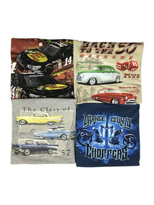  An image of three different NASCAR/moto-themed wholesale vintage t-shirts