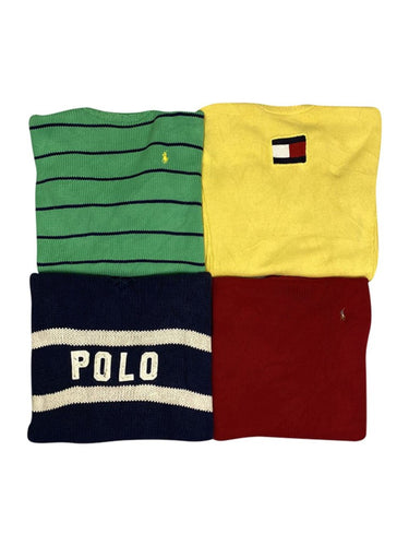 An image of four different vintage Ralph Lauren and Tommy Hilfiger cotton crewneck knit sweaters.